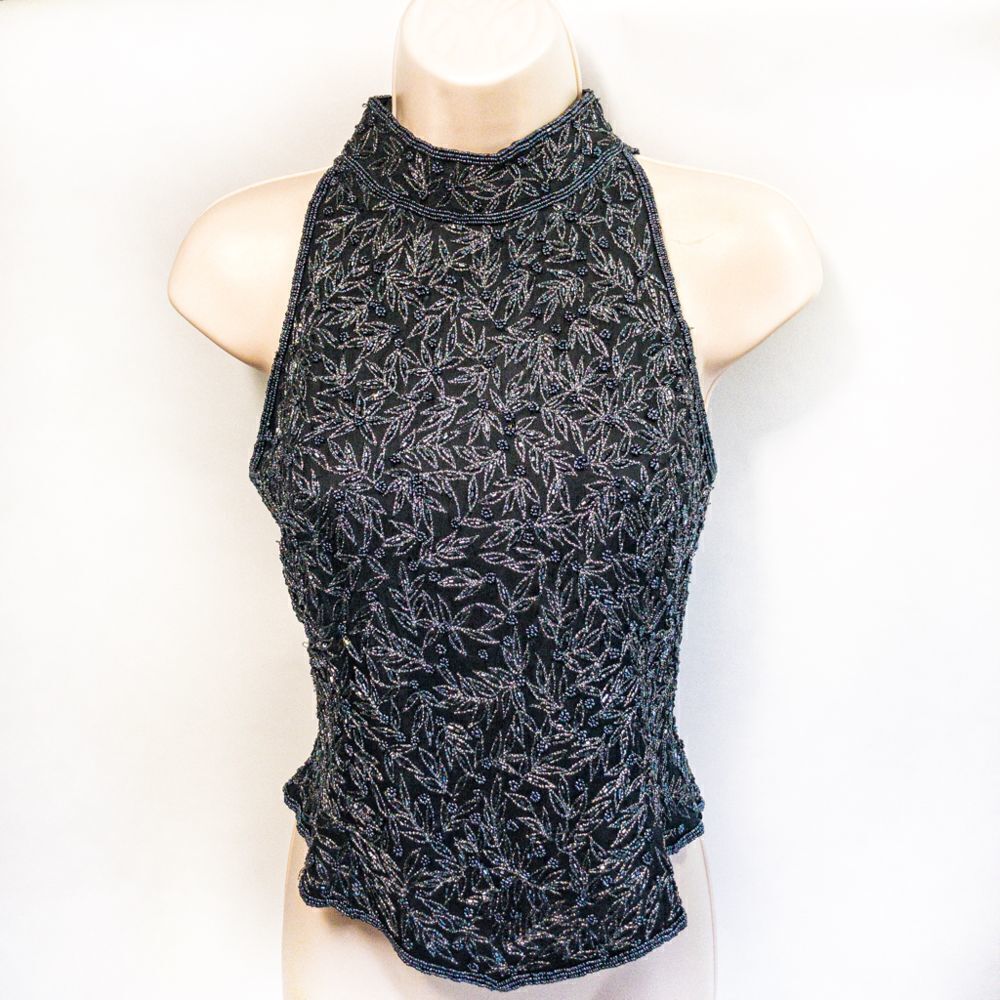 Black Silk Beaded Mock Neck Halter Top Shell Sz MP Papell Boutique